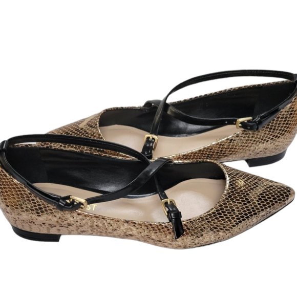 ❤️Host Pick❤️NINE WEST- Gold Reptile Cross Strap Pointy Toe Leather Flats SZ 5… - Picture 3 of 5